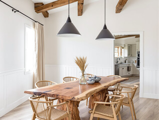 rustic live edge wood dining table with wicker chairs in a bright room