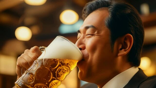 ビールジョッキを掲げる中年男性の笑顔