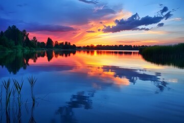 Fototapeta premium Vibrant Sunset Colors Reflecting on Calm Lake Water with Silhouetted Trees, Creating a Serene and Picturesque Landscape at Twilight, Featuring Stunning Sky Hues and Tranquil Atmosphere, Ideal for Rela