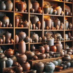 Collections of Traditional Pottery Vessels Shelves displaying ea