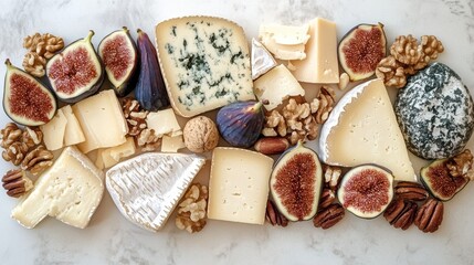 Assorted cheeses, figs, walnuts, and pecans arranged on marble