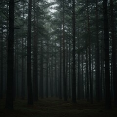 Obraz premium Moody Foggy Forest with Tall Dark Pine Trees
