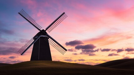 Obraz premium Majestic Windmill Silhouette Against Vibrant Sunset Sky Background