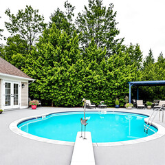 refreshing turquoise kidney-shaped swimming pool surrounded by lush green trees in a tranquil backyard setting
