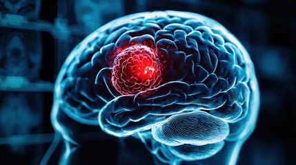 MRI scan of a brain tumor with a highlighted affected area, medical visualization