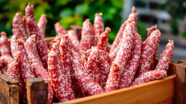 rustic wooden crate filled with numerous reddish speckled sausages tied with twine