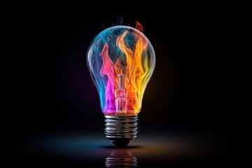 Explore Colorful Energy, Light Bulb Encapsulates Vibrant Flames on Dark Backdrop for Visual Power & Innovation