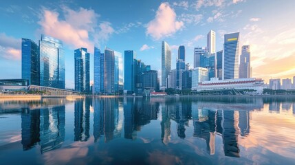 Fototapeta premium Panoramic view of a modern city skyline reflected in the water at dawn.