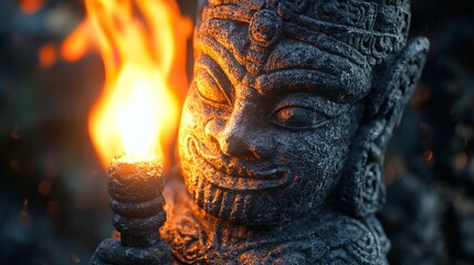 Ancient stone guardian holding a fiery torch illuminated by warm flames in the night detailed textures