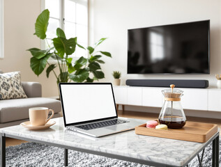 Fototapeta premium modern living room coffee table with laptop and coffee