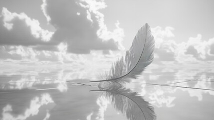 Serene feather floats on tranquil water reflecting cloudy sky peaceful monochrome image soft light
