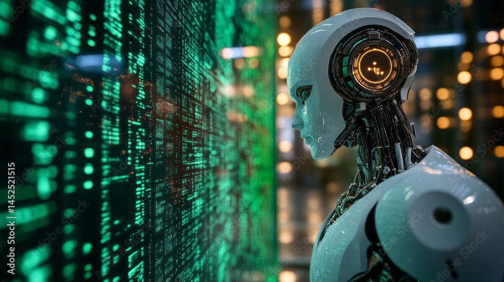 Aufkleber A sleek robot stands in front of a wall filled with glowing green binary code, reflecting a high-tech digital landscape. The atmosphere is filled with a sense of advanced technology