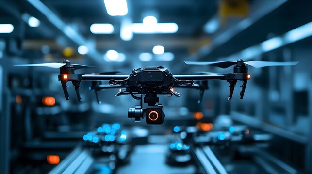 A high-tech drone camera production line in a cleanroom, featuring robotic arms and sleek matte black surfaces with glowing user interfaces.