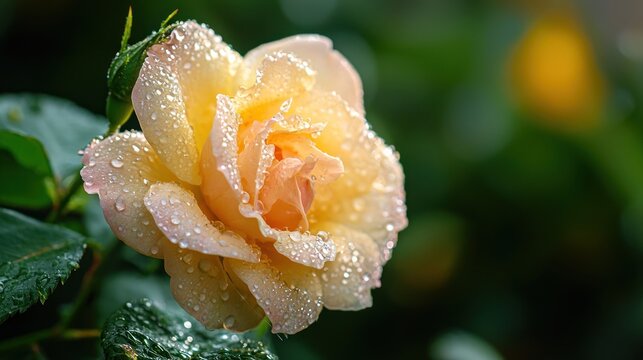 ose in full bloom with dewdrops.