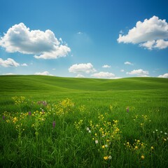 Fototapeta premium Vibrant Green Meadow with Wildflowers under Blue Sky