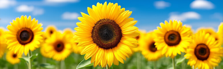 Vibrant sunflower field under bright blue sky with fluffy clouds on a sunny summer day, banner, header
