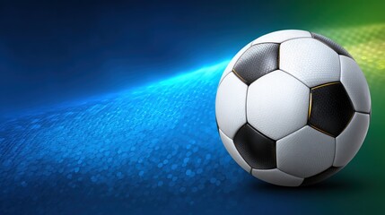 Naklejka premium Realistic soccer ball illustration on dynamic blue, green, and yellow abstract textured background