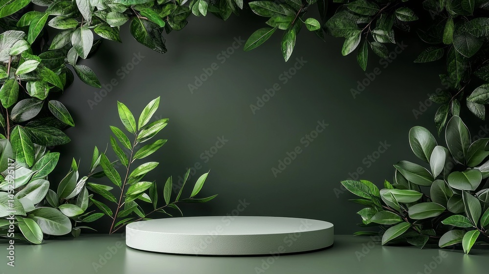 Poster lush green leaves frame a minimalist circular platform in a calm indoor environment, ideal for showc