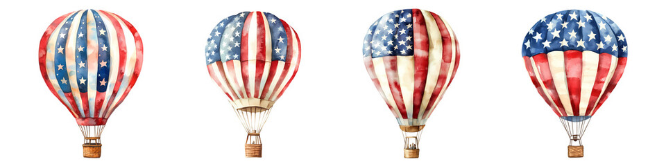 Patriotic Watercolor Hot Air Balloons 4th of July Clipart isolated on transparent background