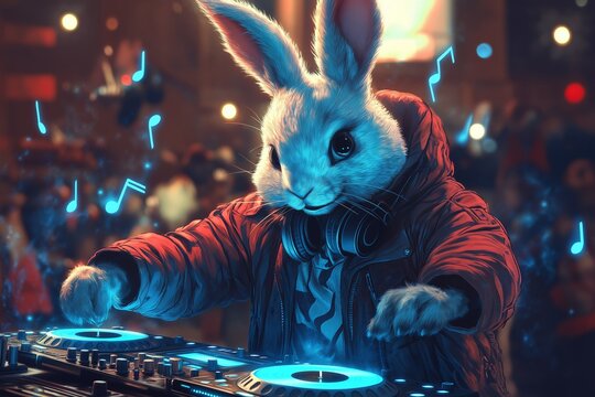 Rabbit dj in red jacket, headphones, energetically playing set at festival with crowd. Concept of rabbit dj captures lively atmosphere, colorful lights, music notes floating around.