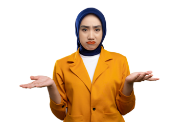 Confused young Asian woman raising hands and shrugging shoulders, making I don't know gesture isolated on transparent background