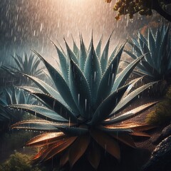 Rain hitting the spiky leaves of an agave plant