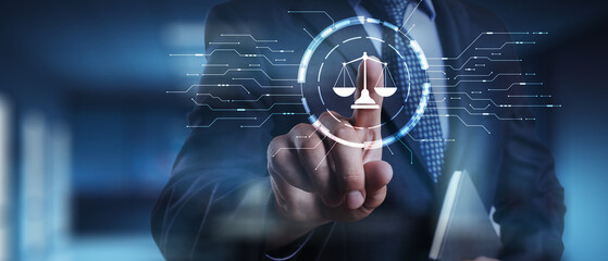 Digital Law and Legal Technology Illustrated on Virtual Interface.