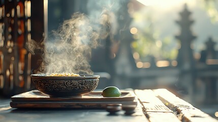 Steaming Bowl of Food with Lime on Wooden Table in Morning Sunlight