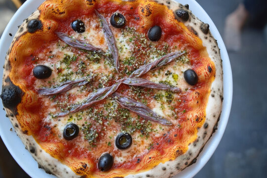 Pizza topped with olives and olives. - Powered by Adobe