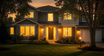 Inviting Home Exterior Glows at Twilight Under a Fading Sky