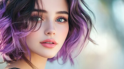 Fototapeta premium Close-up of stylish woman with black and violet hair, minimalist look ideal for cutout applications