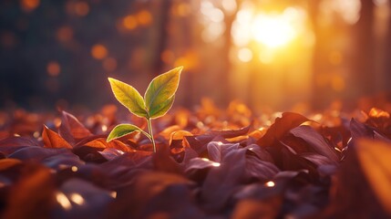 New life emerges amidst autumn leaves bathed in warm sunset light a vibrant scene of hope and renewal
