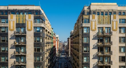 Fototapeta premium Symmetrical City Buildings with Geometric Facades