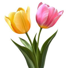 Cute tulip bouquet icon in pink and yellow colors 3D rendering style transparent background PNG