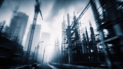 Abstract view of a construction site with towering structures and cranes under a cloudy sky