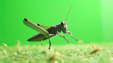 Green screen macro of grasshopper jumping in frame with shadow