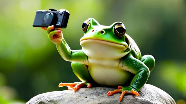 A playful green frog sits comfortably on a rock, taking a selfie with its camera.
