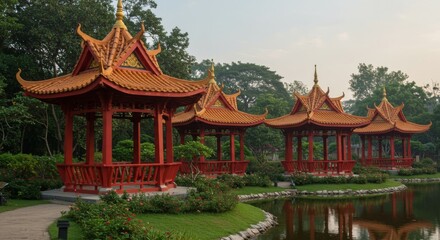 Obraz premium Red Chinese Pavilions by a Pond in a Garden