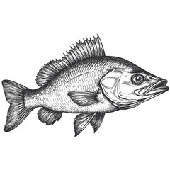 Hand drawn sea bass fish illustration, vintage black sketch, woodcut engraved etching vector, old engraving style, retro seafood art, marine animal artwork, fishing poster,