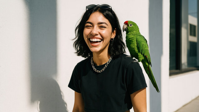 Joyful woman with parrot