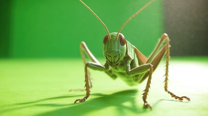 Green screen macro of grasshopper jumping in frame with shadow 