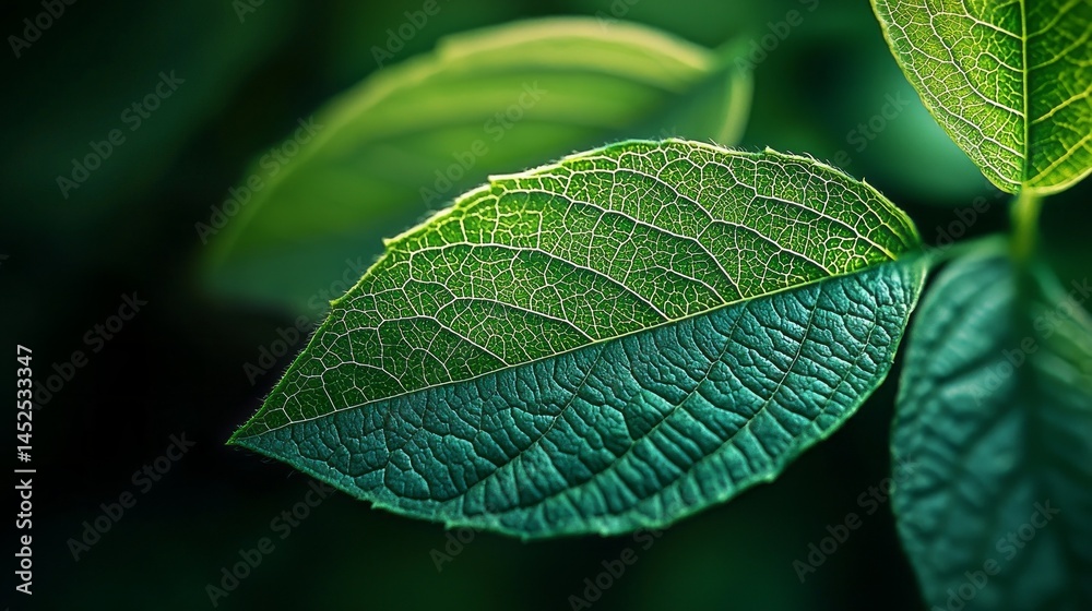 Poster close-up view of green leaves highlighting their rich textures and vibrant hues. sunlight illuminate