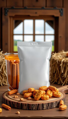 Fototapeta premium snack bar product mockup on wooden cutting board with rustic barn window and hay bales behind supporting farmhouse authenticity and hearty nutrition