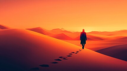 Fototapeta premium Silhouette figure walks across desert dunes at sunrise