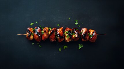 Grilled meat skewers on dark background