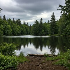Fototapeta premium Serene Forest Lake Reflection Under an Overcast Sky