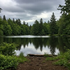 Obraz premium Serene Forest Lake with Dark Green Reflections