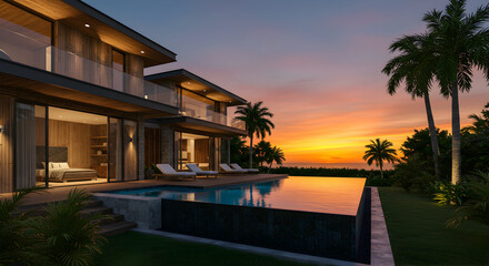 Luxury Villa With Infinity Pool At Stunning Tropical Sunset