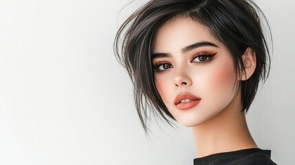 Fototapeta premium Serious portrait of female model with alternative hairstyle, clean white backdrop ready for design overlays