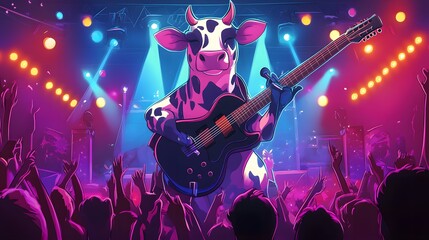 Obraz premium Digital illustration depicts a cow playing electric guitar on stage amidst a cheering crowd under vibrant lights.